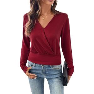 imageEVALESS Womens Tops Fall Cross Wrap V Neck Blouses Dressy Casual Long Sleeve Shirts Trendy 2025Red Dahlia