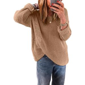 imageEVALESS Womens Sweaters Casual Spring Summer Crochet Hollow Out Knit Tops Crewneck Long Sleeve Beach Vacation ClothesCamel