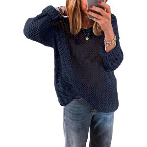 imageEVALESS Womens Sweaters Casual Spring Summer Crochet Hollow Out Knit Tops Crewneck Long Sleeve Beach Vacation ClothesNavy Blue