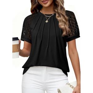 imageEVALESS Lace Tops for Women Spring Summer Short Sleeve Shirts 2026 Dressy Casual Blouses Fashion Date Night OutfitC Black