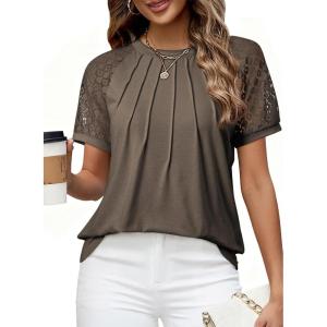 imageEVALESS Lace Tops for Women Spring Summer Short Sleeve Shirts 2026 Dressy Casual Blouses Fashion Date Night OutfitC Brown