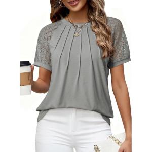 imageEVALESS Lace Tops for Women Spring Summer Short Sleeve Shirts 2026 Dressy Casual Blouses Fashion Date Night OutfitC Gray