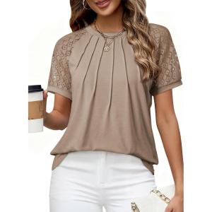 imageEVALESS Lace Tops for Women Spring Summer Short Sleeve Shirts 2026 Dressy Casual Blouses Fashion Date Night OutfitC Khaki