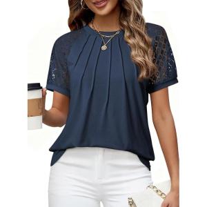 imageEVALESS Lace Tops for Women Spring Summer Short Sleeve Shirts 2026 Dressy Casual Blouses Fashion Date Night OutfitC Navy Blue
