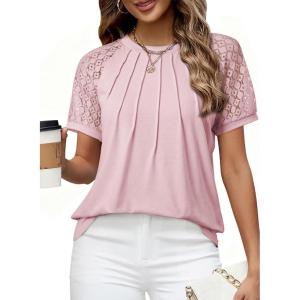 imageEVALESS Lace Tops for Women Spring Summer Short Sleeve Shirts 2026 Dressy Casual Blouses Fashion Date Night OutfitC Pink
