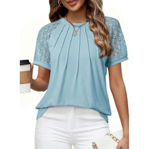 imageEVALESS Lace Tops for Women Spring Summer Short Sleeve Shirts 2026 Dressy Casual Blouses Fashion Date Night OutfitC Sky Blue