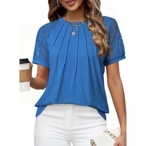imageEVALESS Lace Tops for Women Spring Summer Short Sleeve Shirts 2026 Dressy Casual Blouses Fashion Date Night OutfitE Blue