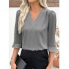 imageEVALESS Womens 34 Sleeve Tops Dressy Casual Pleated V Neck Business Work Blouses Office ShirtsGray