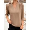imageEVALESS Womens 34 Sleeve Tops Dressy Casual Pleated V Neck Business Work Blouses Office ShirtsKhaki