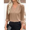 imageEVALESS Womens 34 Sleeve Tops Dressy Casual Pleated V Neck Business Work Blouses Office ShirtsKhaki