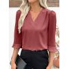 imageEVALESS Womens 34 Sleeve Tops Dressy Casual Pleated V Neck Business Work Blouses Office ShirtsMineral Red