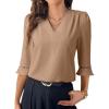 imageEVALESS Womens 34 Sleeve Tops Dressy Casual Pleated V Neck Business Work Blouses Office ShirtsKhaki