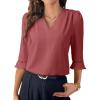 imageEVALESS Womens 34 Sleeve Tops Dressy Casual Pleated V Neck Business Work Blouses Office ShirtsMineral Red