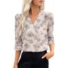 imageEVALESS Boho Tops for Women Pleated V Neck Ruffle 34 Length Sleeve Blouses Dressy CasualZ Khaki