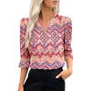 imageEVALESS Boho Tops for Women Pleated V Neck Ruffle 34 Length Sleeve Blouses Dressy CasualZ Red