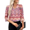 imageEVALESS Boho Tops for Women Pleated V Neck Ruffle 34 Length Sleeve Blouses Dressy CasualZ Red