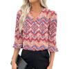 imageEVALESS Boho Tops for Women Pleated V Neck Ruffle 34 Length Sleeve Blouses Dressy CasualZ Red