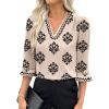 imageEVALESS Boho Tops for Women Pleated V Neck Ruffle 34 Length Sleeve Blouses Dressy CasualZ1 Khaki