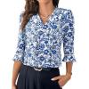 imageEVALESS Boho Tops for Women Pleated V Neck Ruffle 34 Length Sleeve Blouses Dressy CasualZ Blue