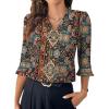 imageEVALESS Boho Tops for Women Pleated V Neck Ruffle 34 Length Sleeve Blouses Dressy CasualZ Green