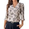 imageEVALESS Boho Tops for Women Pleated V Neck Ruffle 34 Length Sleeve Blouses Dressy CasualZ Khaki