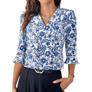 imageEVALESS Boho Tops for Women Pleated V Neck Ruffle 34 Length Sleeve Blouses Dressy CasualZ Blue