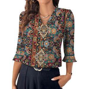 imageEVALESS Boho Tops for Women Pleated V Neck Ruffle 34 Length Sleeve Blouses Dressy CasualZ Green