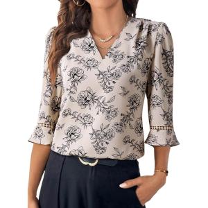 imageEVALESS Boho Tops for Women Pleated V Neck Ruffle 34 Length Sleeve Blouses Dressy CasualZ Khaki