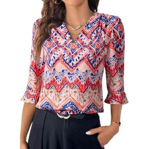 imageEVALESS Boho Tops for Women Pleated V Neck Ruffle 34 Length Sleeve Blouses Dressy CasualZ Red