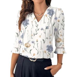imageEVALESS Boho Tops for Women Pleated V Neck Ruffle 34 Length Sleeve Blouses Dressy CasualZ White