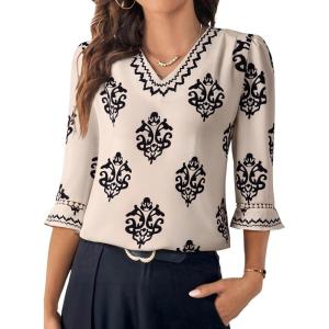 imageEVALESS Boho Tops for Women Pleated V Neck Ruffle 34 Length Sleeve Blouses Dressy CasualZ1 Khaki