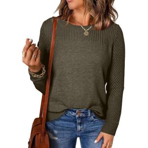 imageEVALESS Womens Sweaters Casual Long Sleeve Crewneck Cable Knit Lightweight Oversized Crochet Sweater Pullover TopsDuffel Green