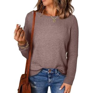 imageEVALESS Womens Sweaters Casual Long Sleeve Crewneck Cable Knit Lightweight Oversized Crochet Sweater Pullover TopsLight French Beige