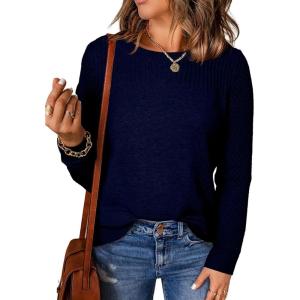 imageEVALESS Womens Sweaters Casual Long Sleeve Crewneck Cable Knit Lightweight Oversized Crochet Sweater Pullover TopsNavy Blue