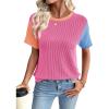 imageEVALESS Womens Short Sleeve T Shirts Ribbed Knit Crewneck Multicolour Block Tee Blouses Spring Tops 2026 TrendyRose Red