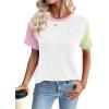 imageEVALESS Womens Short Sleeve T Shirts Ribbed Knit Crewneck Multicolour Block Tee Blouses Spring Tops 2026 TrendyWhite
