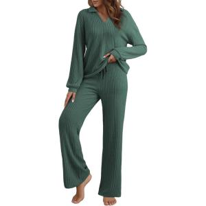imageEVALESS Womens Pajama Sets Long Sleeve Sleepwear Matching Drawstring Elastic Pj Pants Ribbed Knit 2 Piece Lounge SetBlackish Green