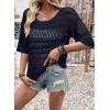 imageEVALESS Womens Spring Summer Tops 2026 Fashion Trendy Casual Half Sleeve Crochet Hollow Out Sweaters Beach Vacation ClothesNavy Blue