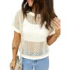 imageEVALESS Womens Spring Summer Tops Casual Lace Tops Crewneck Short Sleeve Shirts Cut Out T Shirts Sheer Crochet Knit BlousesBeige