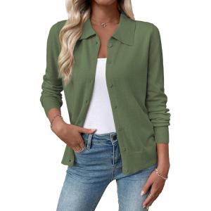 imageEVALESS Cardigan Sweaters for Women Wool Blend Lightweight Trendy Long Sleeve Lapel Collar Button Down Sweater CardigansClover Green