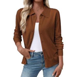 imageEVALESS Cardigan Sweaters for Women Wool Blend Lightweight Trendy Long Sleeve Lapel Collar Button Down Sweater CardigansCoffee