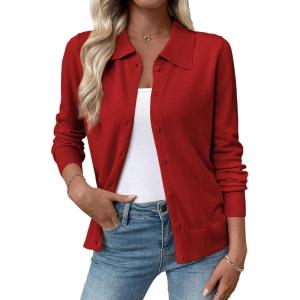 imageEVALESS Cardigan Sweaters for Women Wool Blend Lightweight Trendy Long Sleeve Lapel Collar Button Down Sweater CardigansFiery Red