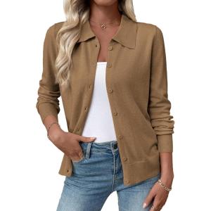 imageEVALESS Cardigan Sweaters for Women Wool Blend Lightweight Trendy Long Sleeve Lapel Collar Button Down Sweater CardigansKhaki