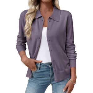 imageEVALESS Cardigan Sweaters for Women Wool Blend Lightweight Trendy Long Sleeve Lapel Collar Button Down Sweater CardigansPurple