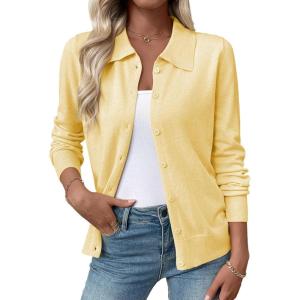 imageEVALESS Cardigan Sweaters for Women Wool Blend Lightweight Trendy Long Sleeve Lapel Collar Button Down Sweater CardigansYellow
