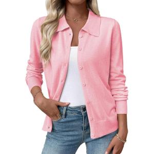 imageEVALESS Cardigan Sweaters for Women Wool Blend Lightweight Trendy Long Sleeve Lapel Collar Button Down Sweater CardigansYouthful Pink