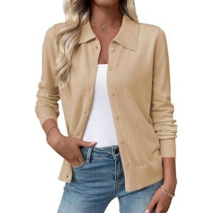 imageEVALESS Cardigan Sweaters for Women Wool Blend Lightweight Trendy Long Sleeve Lapel Collar Button Down Sweater CardigansZesty Beige