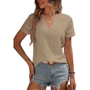 imageEVALESS Summer Tops for Women V Neck Short Sleeve Lace Eyelet Tops Dressy Casual Blouses 2026 TrendyKhaki