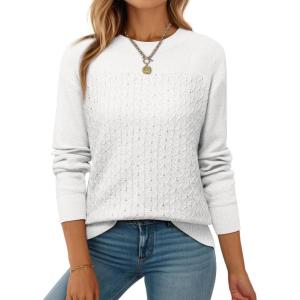 imageEVALESS Sweaters for Women Trendy 2025 Crewneck Long Sleeve Lightweight Knit Pullover Tops Fall Fashion OutfitsWhite