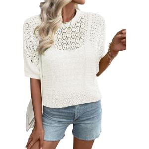 imageEVALESS Womens Crochet Tops Short Sleeve Hollow Out Knit Sweater Spring Summer Trendy Lightweight Casual Vacation ClothesWhite
